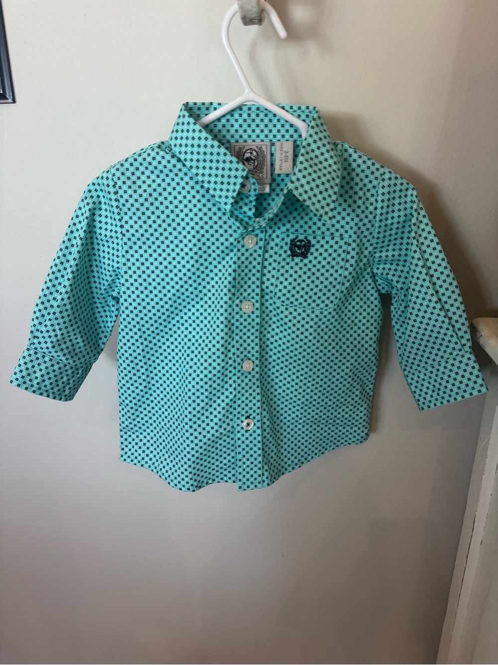 Cinch Boys Teal Button Down Shirt with Navy Dot Print